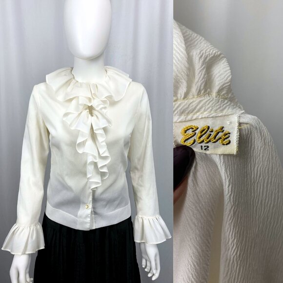Vintage 60s ruffle dandy mod ivory button-up blouse small medium - Picture 2 of 6
